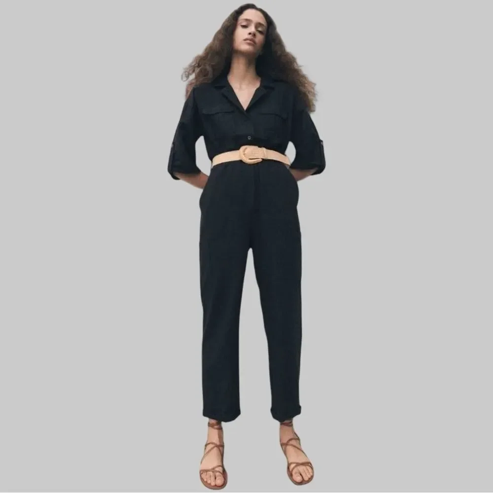 ZARA Linen Blend Button Front Utility Jumpsuit in Black | Medium